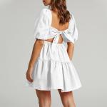 OWNGIGI Womens Square Neck Lantern Sleeve Dress High Waisted Tie Back Casual A-Line Mini Dress