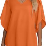 Jouica Women's Fall Casual 3/4 Ruffled Sleeve Chiffon Blouse Tops for Women