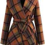CHICWISH Women's Turn Down Shawl Collar Earth Tone Check/Black White Grid/Black/Plum Wool Blend Coat