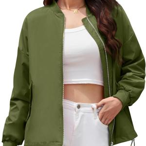 SMARSHEET TL Womens Bomber Jacket Casual Oversized Fall Lightweight Zip Up Windbreaker Coat with Pockets Utility Outwear