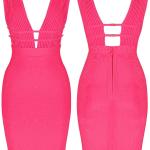 UONBOX Women's Sleeveless Deep Plunge V Neck Night Club Party Bandage Dress with Waist Straps