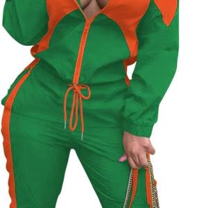 yidengymx Womens Windbreaker Jacket Pants Tracksuit 2 Piece Colorblock Patchwork Outfit for Women 2 Piece Zip Front Jumpsuits