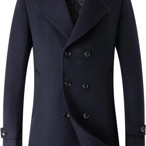 chouyatou Men's Classic Double Breasted Wool Blend Pea Coat Mid Long Trench Coat