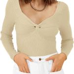 LILLUSORY Women's 2023 Fall Sexy Twist Knot Top Ribbed Knit T Shirts Tops Cute Sweater Long Sleeve Tee Shirt Blouse