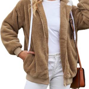 Dokotoo Womens 2023 Winter Fuzzy Fleece Jacket Hooded Color Block Patchwork Cardigan Coats Outerwear with Pockets