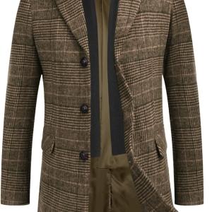 COOFANDY Men's Wool Blend Coat with Detachable Plaid Scarfs Notched Collar Single Breasted Pea Coat
