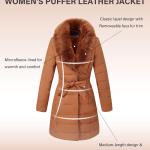 Bellivera Women's Puffer Jacket Faux Leather Bubble Padding Sherpa-Lined Coat with Removable Fur Collar
