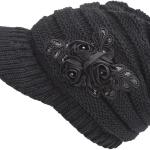 YSense Womens Hats Winter Beanie with Brim Warm Cable Knit Newsboy Cap Visor with Sequined Flower