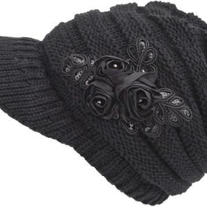 YSense Womens Hats Winter Beanie with Brim Warm Cable Knit Newsboy Cap Visor with Sequined Flower