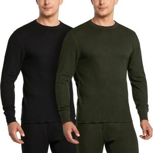 CQR 1 or 2 Pack Men's Long Sleeve Thermal Underwear Tops, Midweight Waffle Crewneck Shirt, Winter Cold Weather Thermal Shirts