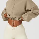 QINSEN Women's Full Zip Fleece Short Jacket Warm Winter Long Sleeve Stand Collar Sherpa Crop Coat