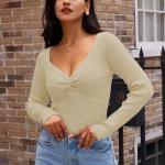 LILLUSORY Women's 2023 Fall Sexy Twist Knot Top Ribbed Knit T Shirts Tops Cute Sweater Long Sleeve Tee Shirt Blouse