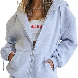 EFAN Women's Cute Hoodies Teen Girl Fall Jacket Oversized Sweatshirts Casual Drawstring Zip Up Y2K Hoodie with Pocket