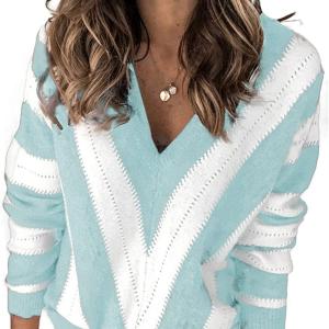 Elapsy Womens Color Block Striped V Neck Sweater Long Sleeve Pullover Knitted Sweater XS-2XL
