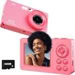 4K 64MP Digital Camera, Compact Mini Cameras with 18X Zoom, Anti Shake, 32GB Card