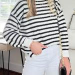 Dokotoo Sweaters for Women Crewneck Long Sleeve Striped Color Block Loose Knit Pullover Sweater Tops