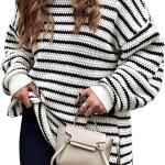 Dokotoo Sweaters for Women Crewneck Long Sleeve Striped Color Block Loose Knit Pullover Sweater Tops