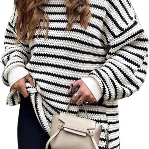 Dokotoo Sweaters for Women Crewneck Long Sleeve Striped Color Block Loose Knit Pullover Sweater Tops