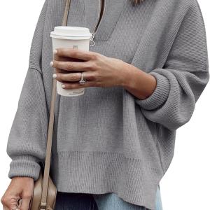 Imily Bela Womens Tunic Sweater Fall Long Sleeve 1/4 Zip Pullover Sweaters Oversized Slouchy Ribbed Knit Sweatshirt with Slit