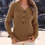 BTFBM Women Long Sleeve V Neck Button Down Sweater Solid Color Ribbed Knit Sweater Casual Relaxed Fit Pullover Jumper
