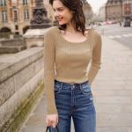 v28 Women Scoop Neck U-Neck Knit Long Sleeve Slim Fit Ribbed Sweater Tops