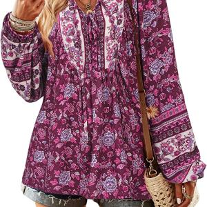 KAYWIDE Women's Casual Boho V Neck Top Loose Floral Printed Long Sleeve Beach Shirts Blouses