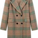 CHARTOU Women's Winter Oversize Lapel Collar Woolen Plaid Double Breasted Long Peacoat Jacket