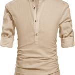 NITAGUT Men Henley Neck Long Sleeve Daily Look Linen Shirts