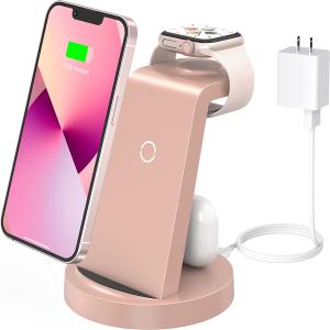 Wireless Charging Station, 3 in 1 Wireless Charger for iPhone 14/13/12/11/Pro/Max/SE/XS/XR/X/8 Plus/8, Fast Wireless Charging Stand Dock for Apple Watch Series & Airpods(with Adapter)