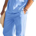 COOFANDY Men's 2 Pieces Cotton Linen Set Henley Shirt Long Sleeve and Casual Beach Pants Summer Yoga Outfits